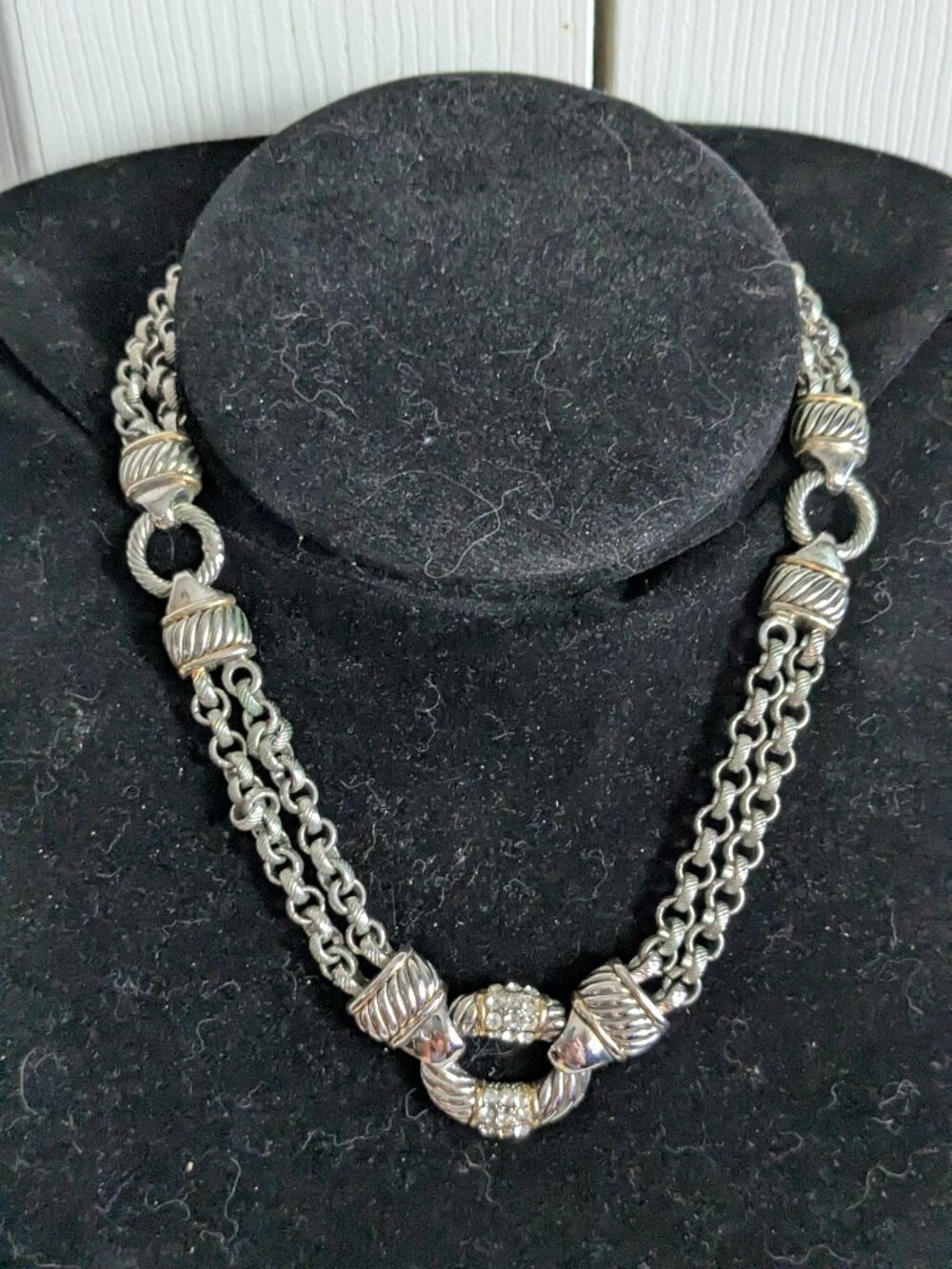 Silver Tone Double Wheat Chain Link Pave Rhinestone Toggle Clasp Necklace